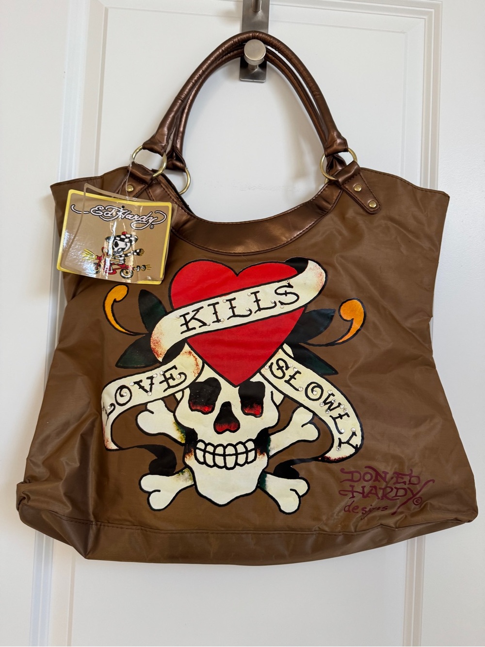 NWT Vintage Y2K Ed Hardy "Love Kills Slowly" Bronze Rhinestone Tote Bag